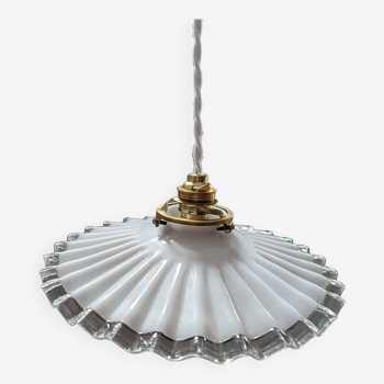Old hanging lamp in white pleated opaline Art Deco 1930 Ø 25 cm