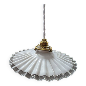 Old hanging lamp in white pleated opaline Art Deco 1930 Ø 25 cm
