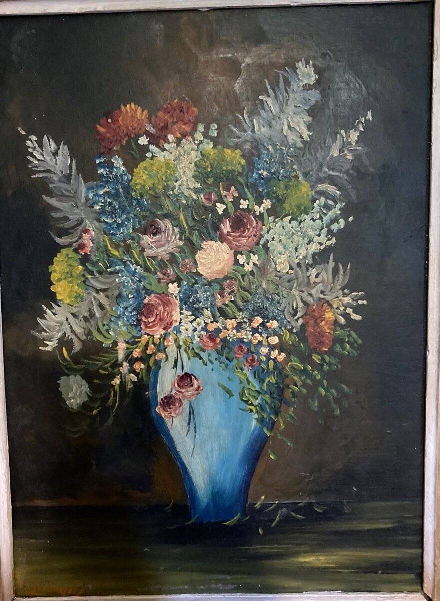 F. Domínguez, floral bodegones, 1945, oil on cardboard box, game of 2