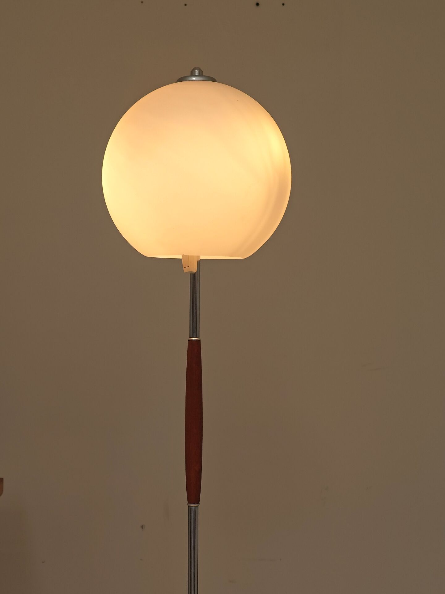 Modernist floor lamp in teak, chrome metal, opaline, Czechoslovakia 60s