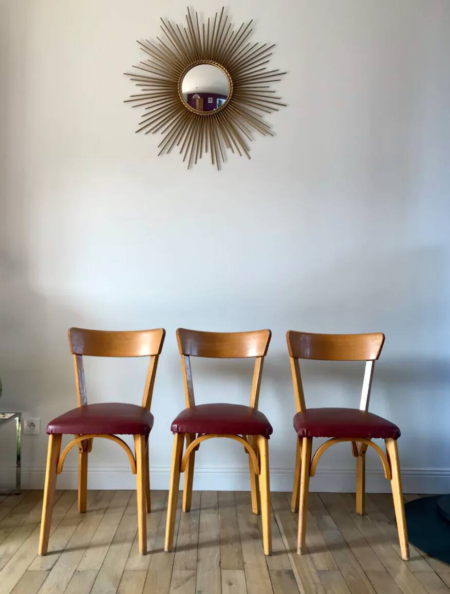 Set of 6 Luterma bistro chairs in blond wood and skaï 50s