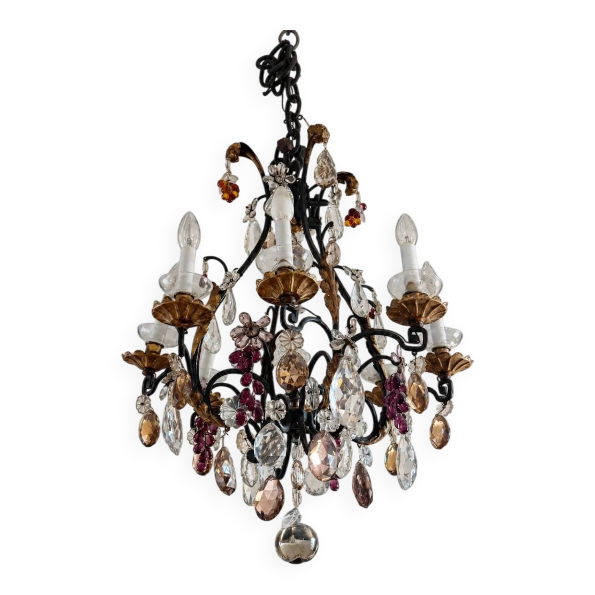 Lustre with pendants and glass fruits, Maison Baguès, six lights