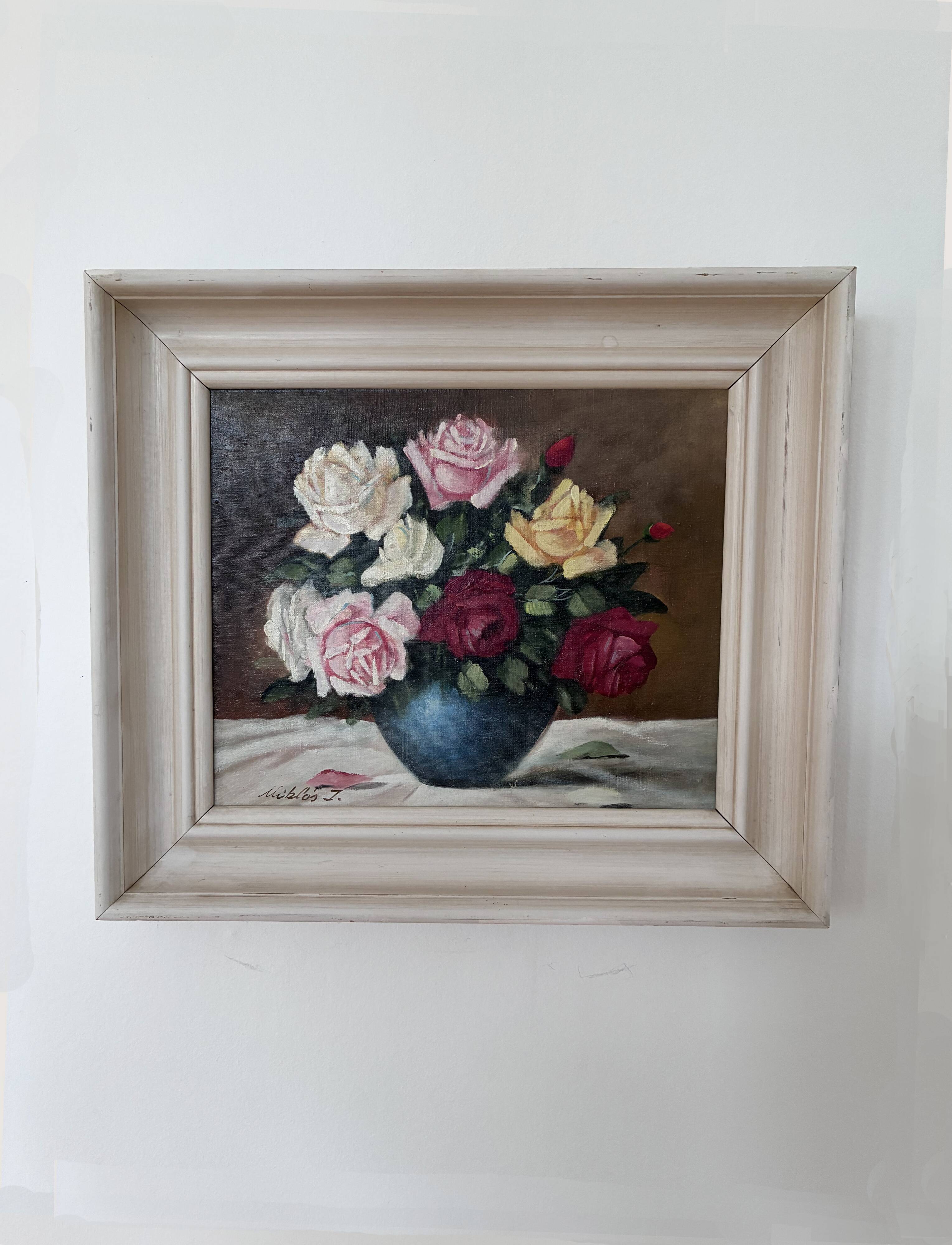 Vintage original floral rose oil painting, signed flower art