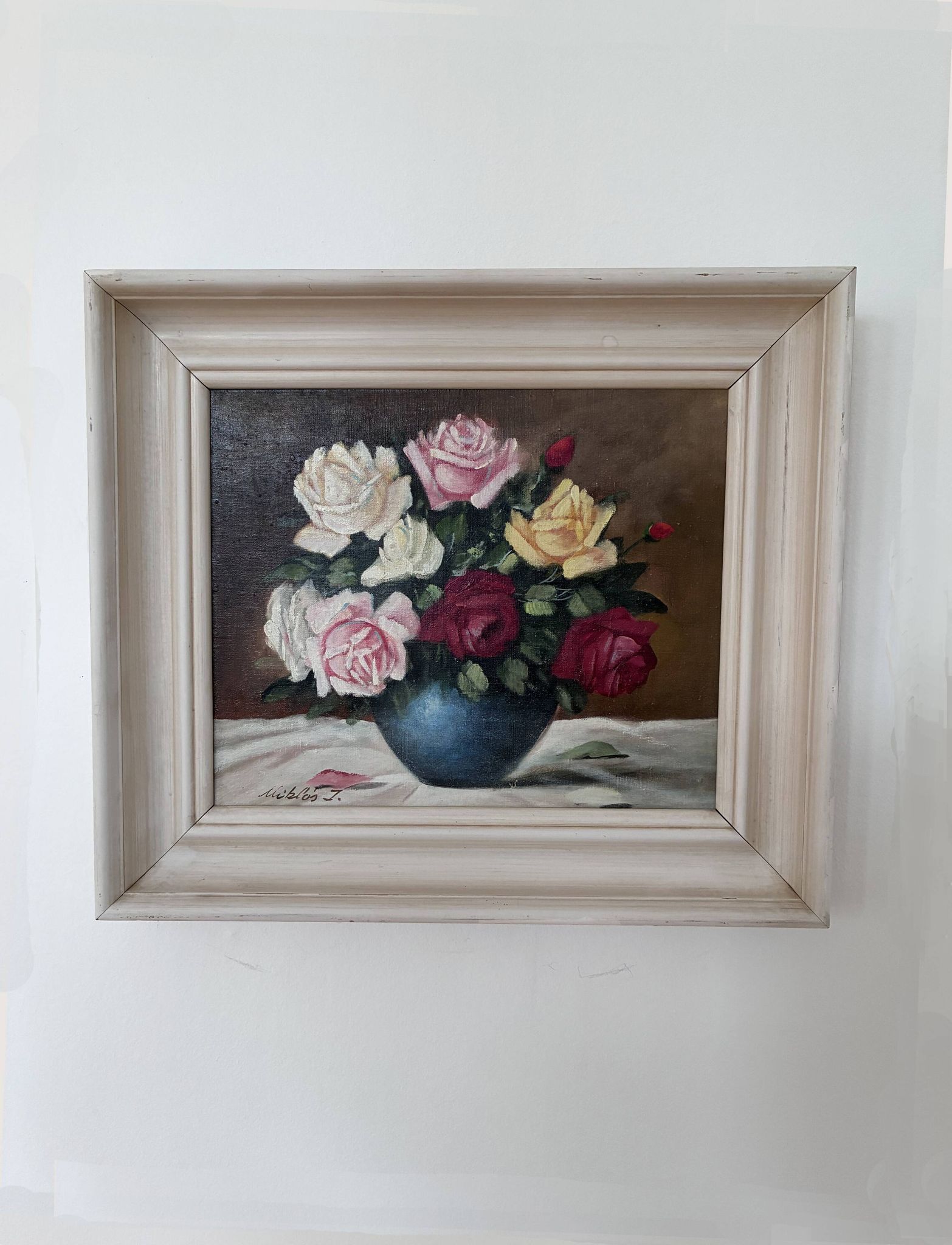 Vintage original floral rose oil painting, signed flower art