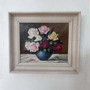 Vintage original floral rose oil painting, signed flower art