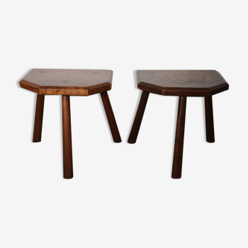 Pair of stools tripod oak brutalist 355mm