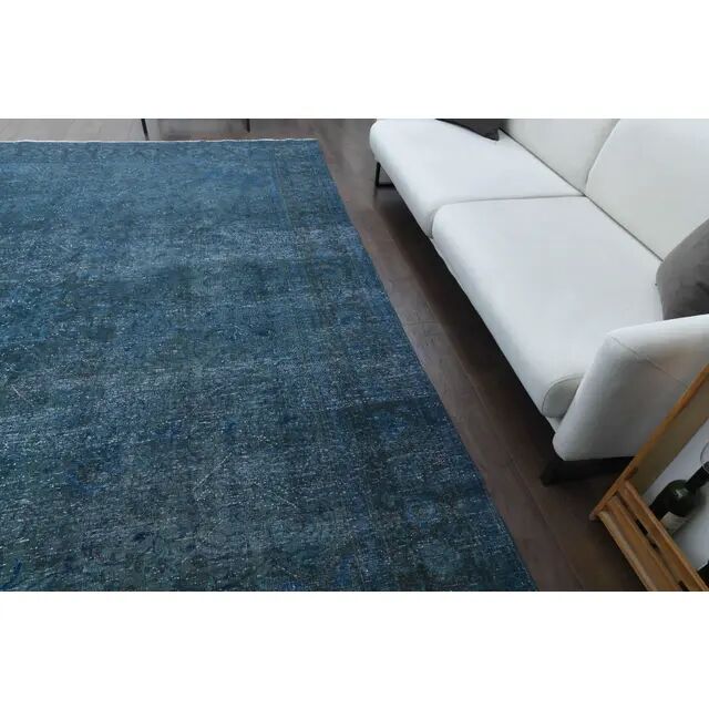 1970s Vintage Persian Handmade Wool Cotton Blue Area Rug 277x360