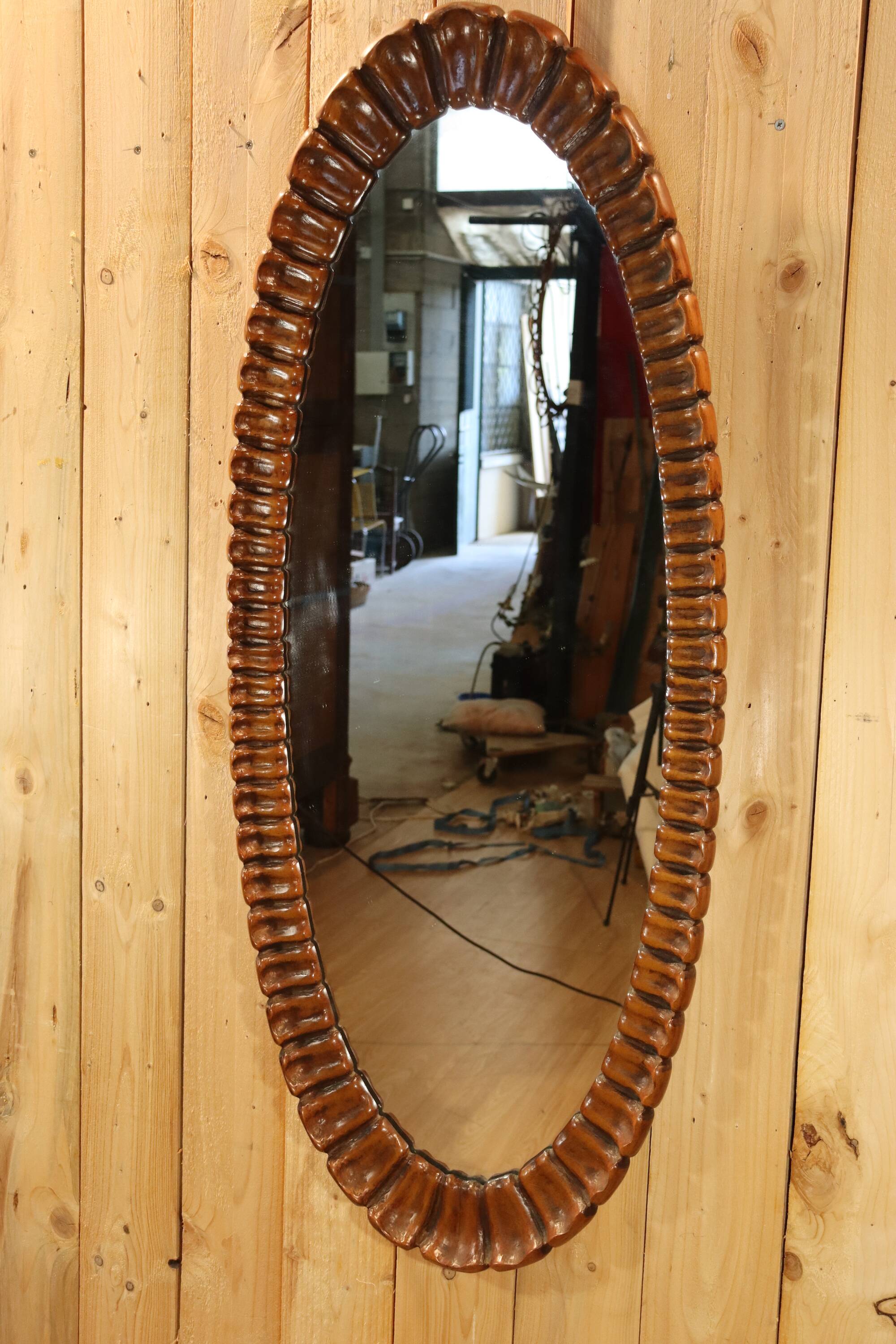Large oval wooden mirror 1950