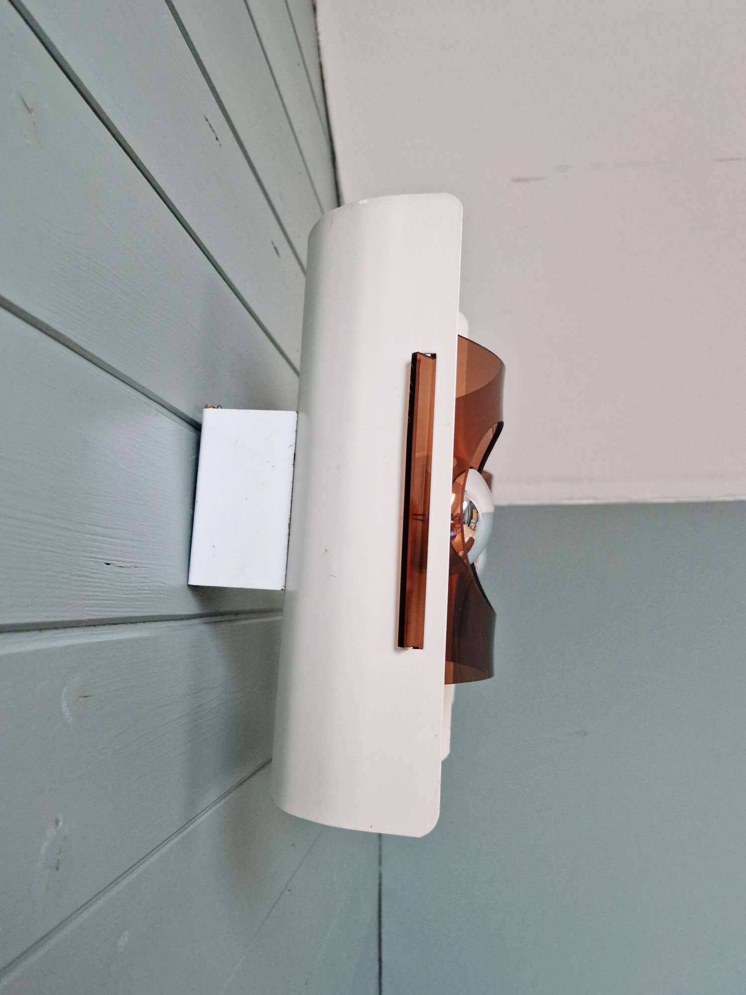Pair of Space Age wall lights, white lacquered metal and smoked plexiglass