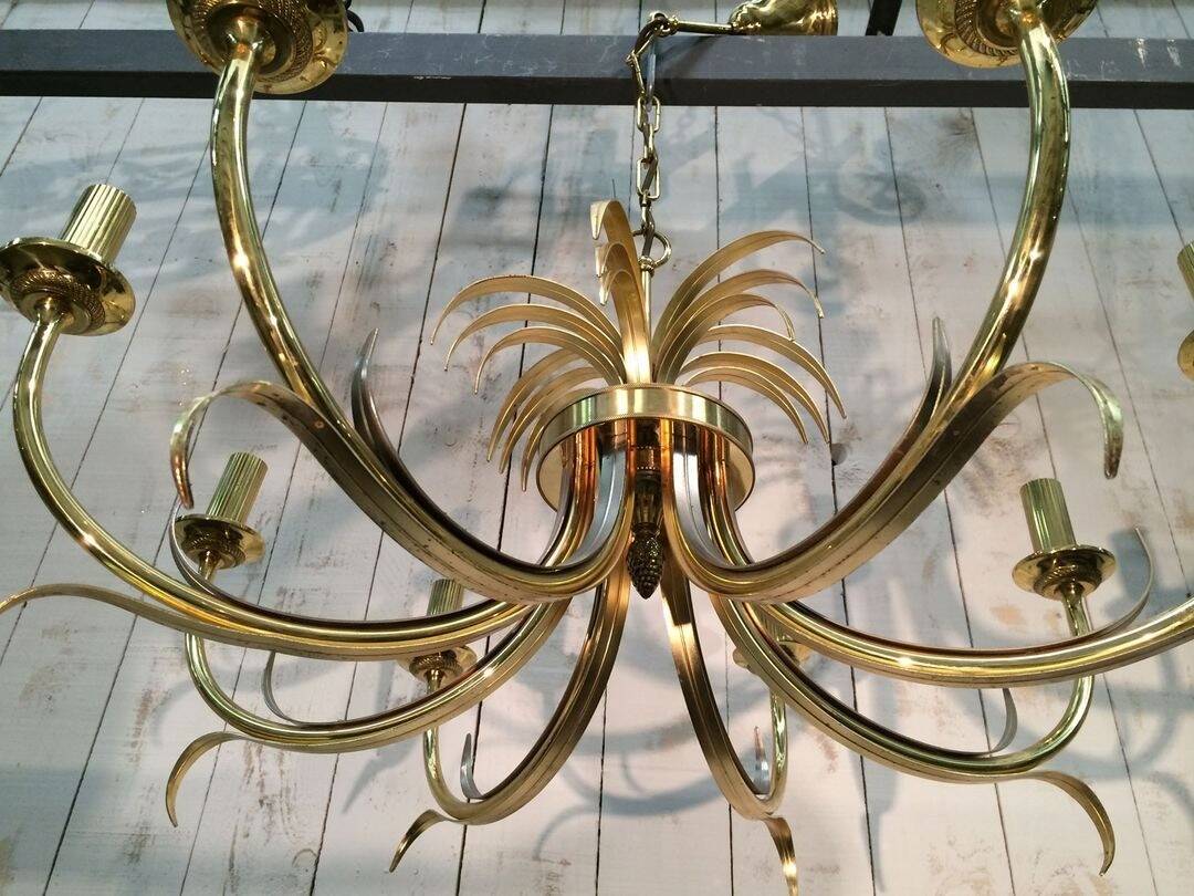 Brushed Metal and Gold Pineapple Pendant Light, Mid-Century Modern, French Work
