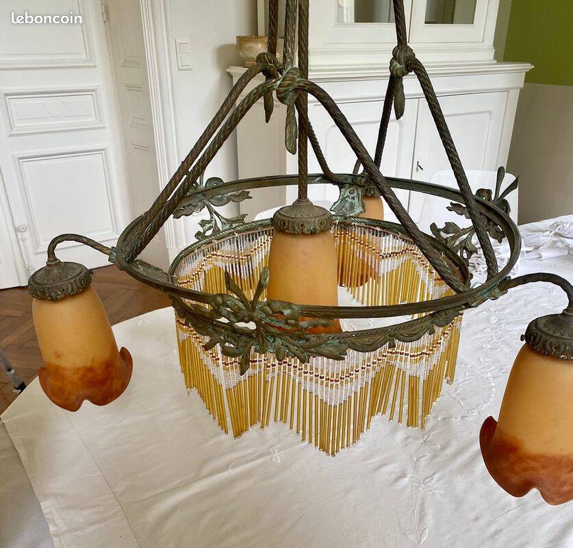 19th century electrified chandelier. Frosted Glass and Bronze