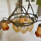 Lustre 19e siècle éléctrifié . Verre dépoli et Bronze