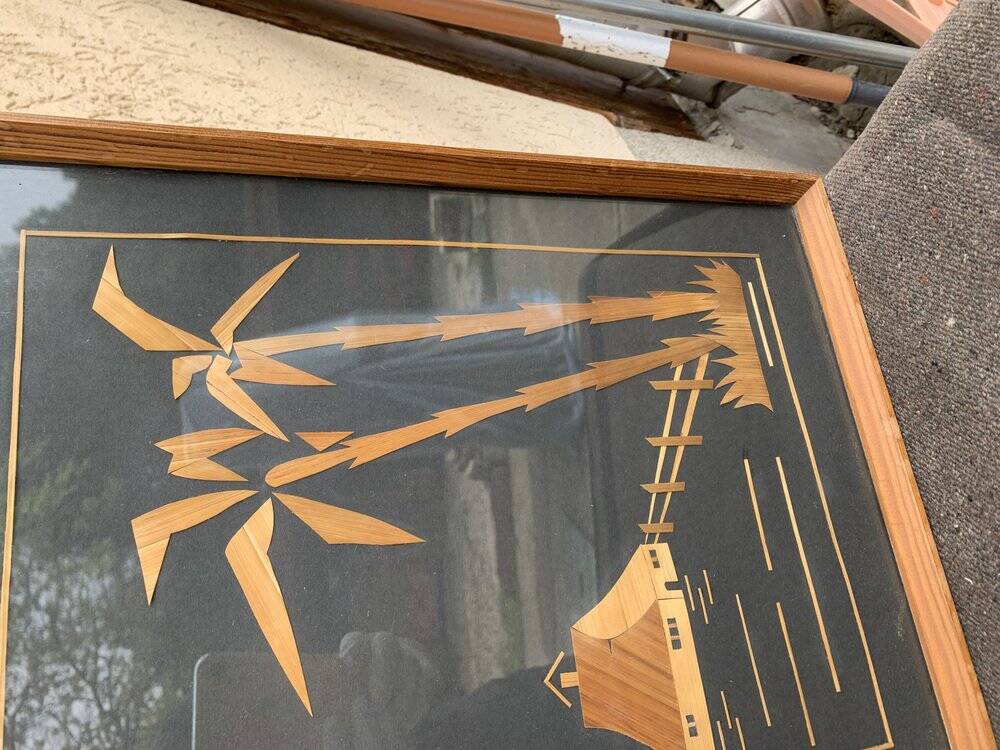 Vintage Hungarian wooden and glass table, artisanal marquetry, brown frame (1950s)