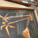 Vintage Hungarian wooden and glass table, artisanal marquetry, brown frame (1950s)