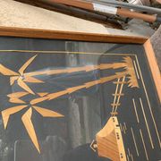 Vintage Hungarian wooden and glass table, artisanal marquetry, brown frame (1950s)
