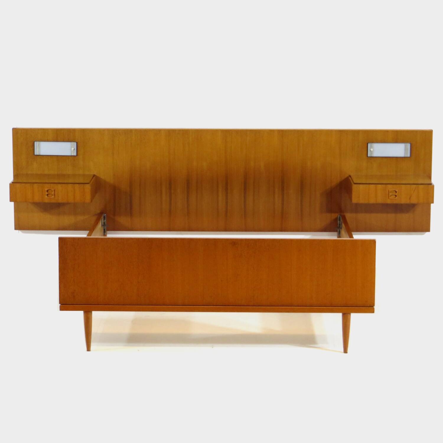 Vintage mid century double bed in teak + floating nightstands & lighting