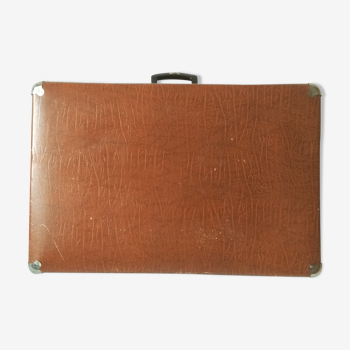 Grande valise en carton marron légère et décorative vintage année 50 60 70 en très bon état