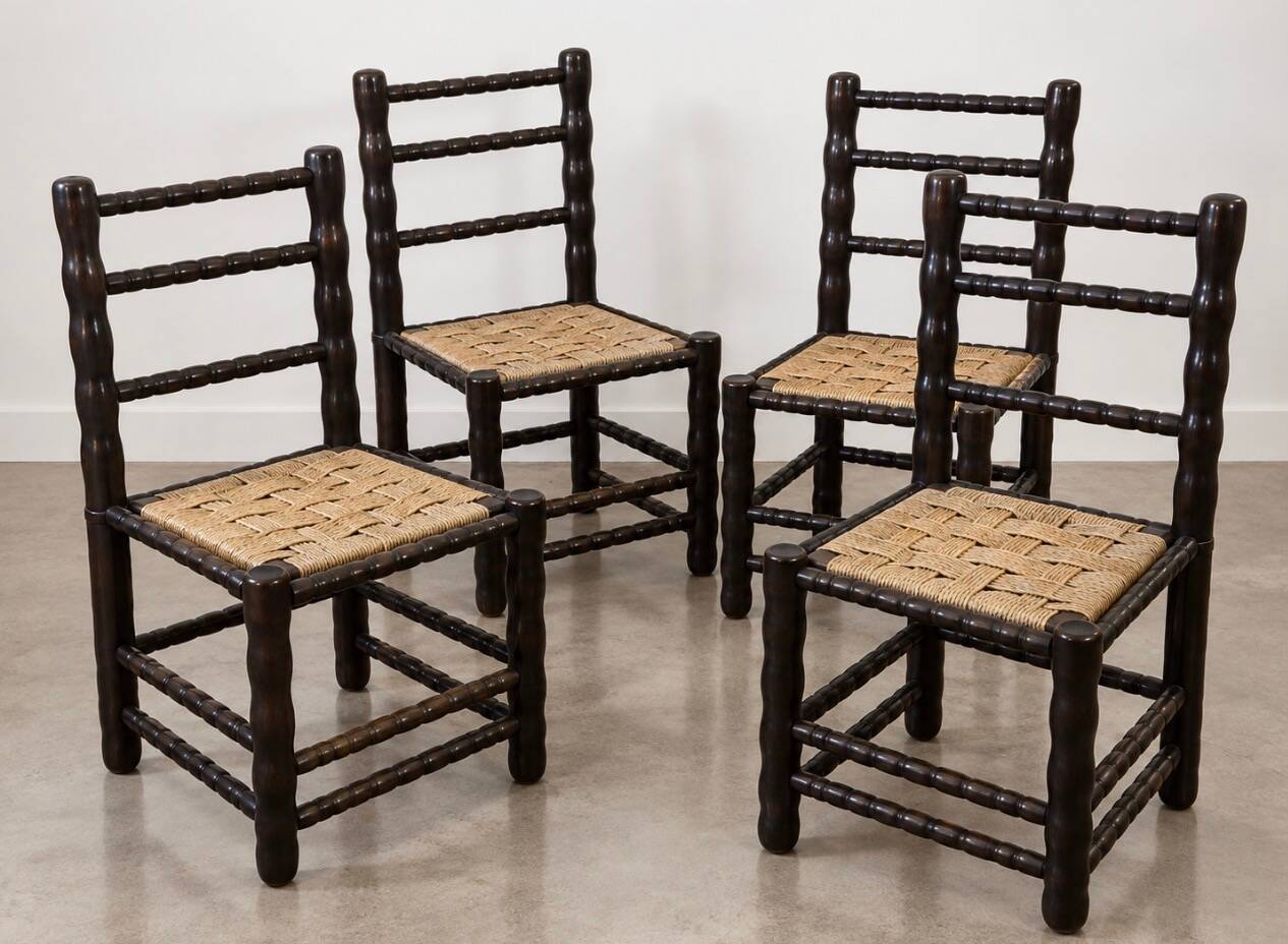 4 blackened wood spindle leg chairs attributed to Charles Dudouyt 1940