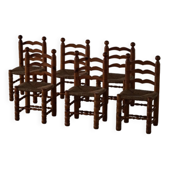 Set of 6 modern French brutalist chairs, in the style of Charles Dudouyt, made in the 1960s.