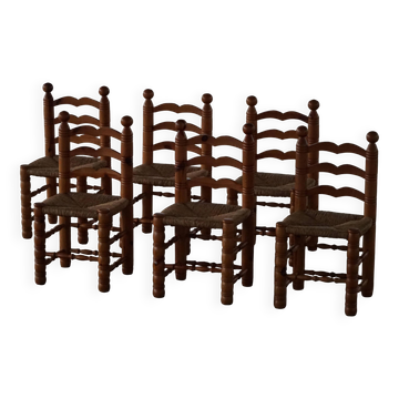 Set of 6 modern French brutalist chairs, in the style of Charles Dudouyt, made in the 1960s.