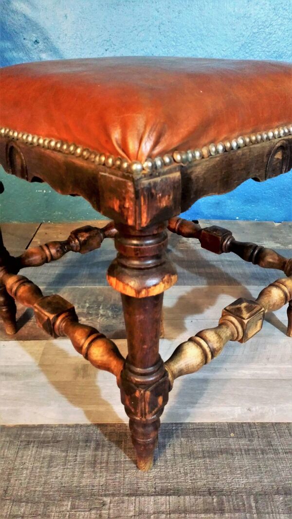 Tabouret bois & cuir 1900s