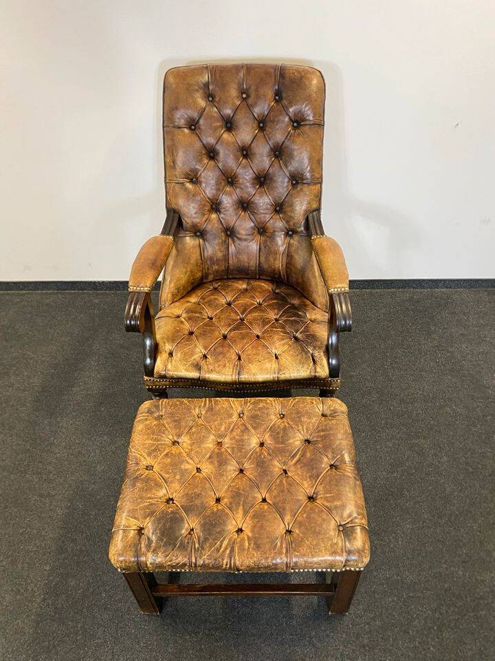 Antique Chesterfield Wing Chair with Stool and English Side Table