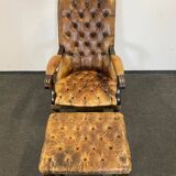 Antique Chesterfield Wing Chair with Stool and English Side Table