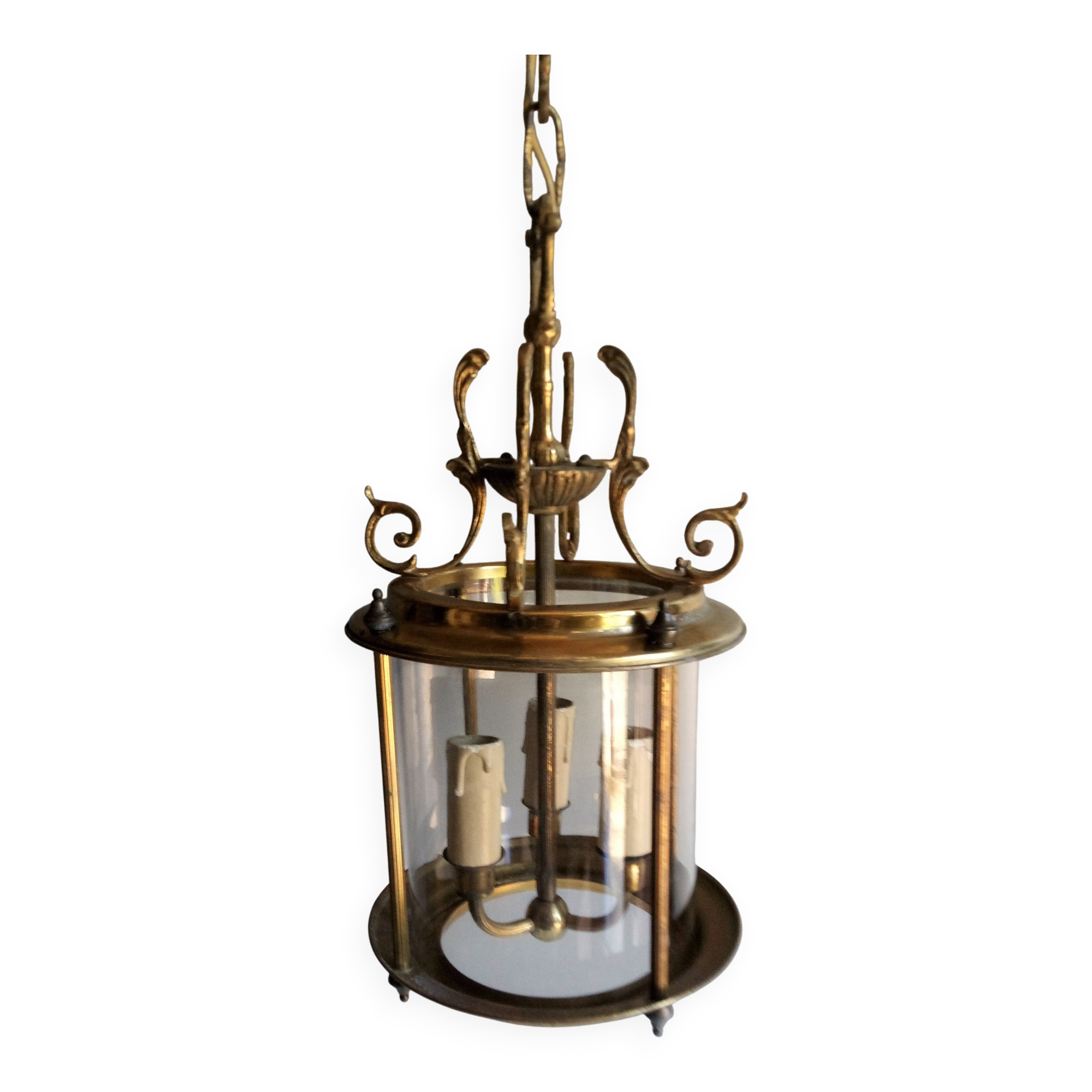 Antique entrance hall lantern - 3 lights - brass & convex glass