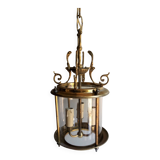 Antique entrance hall lantern - 3 lights - brass & convex glass
