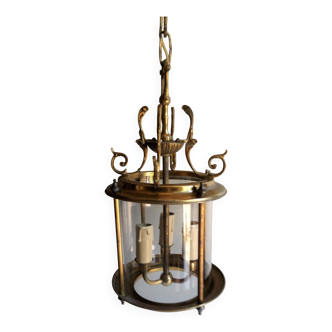 Antique entrance hall lantern - 3 lights - brass & convex glass