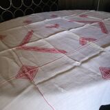 Nappe et serviettes anciennes lin fin blanc broderies rouge
