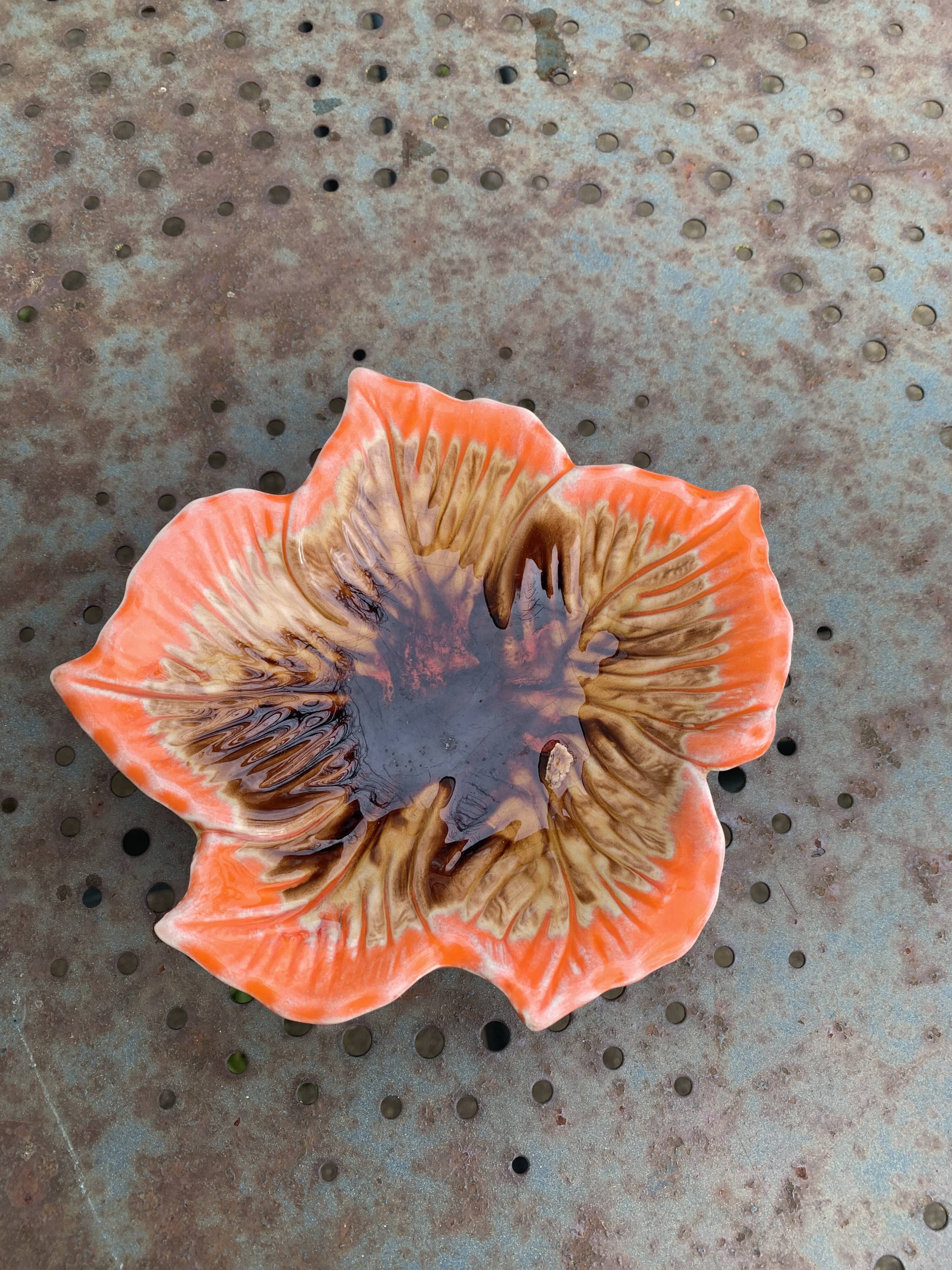 Lot composed of small barbotine dishes in enamelled ceramic, leaf and fish, Vallauris style