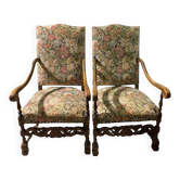 Pair of large ceremonial armchairs in Louis XIII style with tapestry f