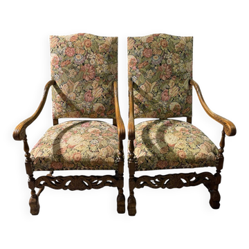 Pair of large ceremonial armchairs in Louis XIII style with tapestry f
