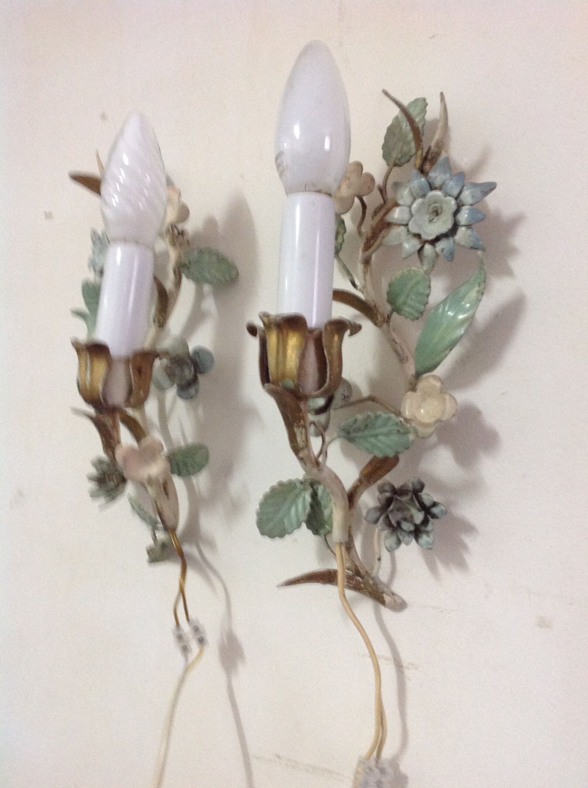Painted metal flower sconces, vintage, 50s