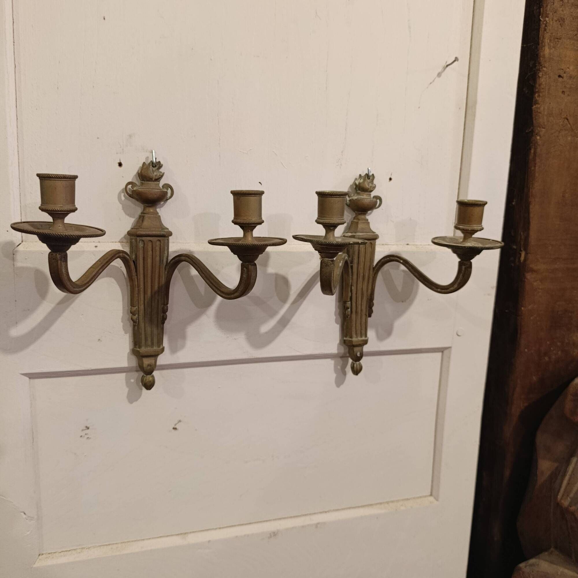 Pair of French bronze wall sconces, Louis XVI Neoclassical style, two-arm s