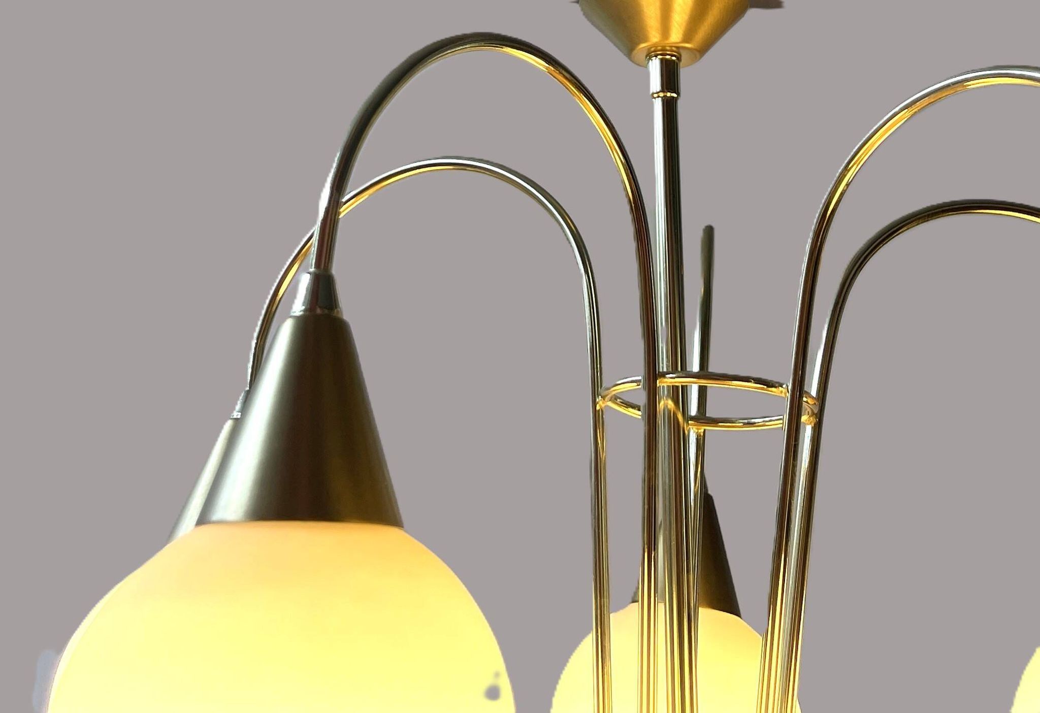 Mid Century Suspension, 5 globes in brass and opal glass, Honsel Leuchten