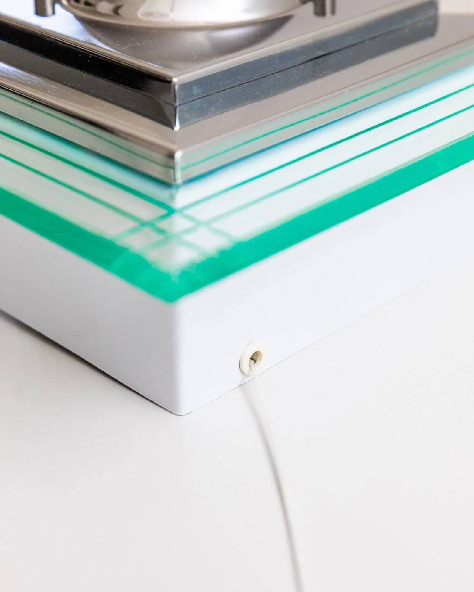 Muted green glass wall lamp with chrome metal accents, Memphis-style postmodern, 1990s