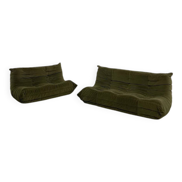 Vintage 2 and 3-seater Togo sofa set in green velvet.