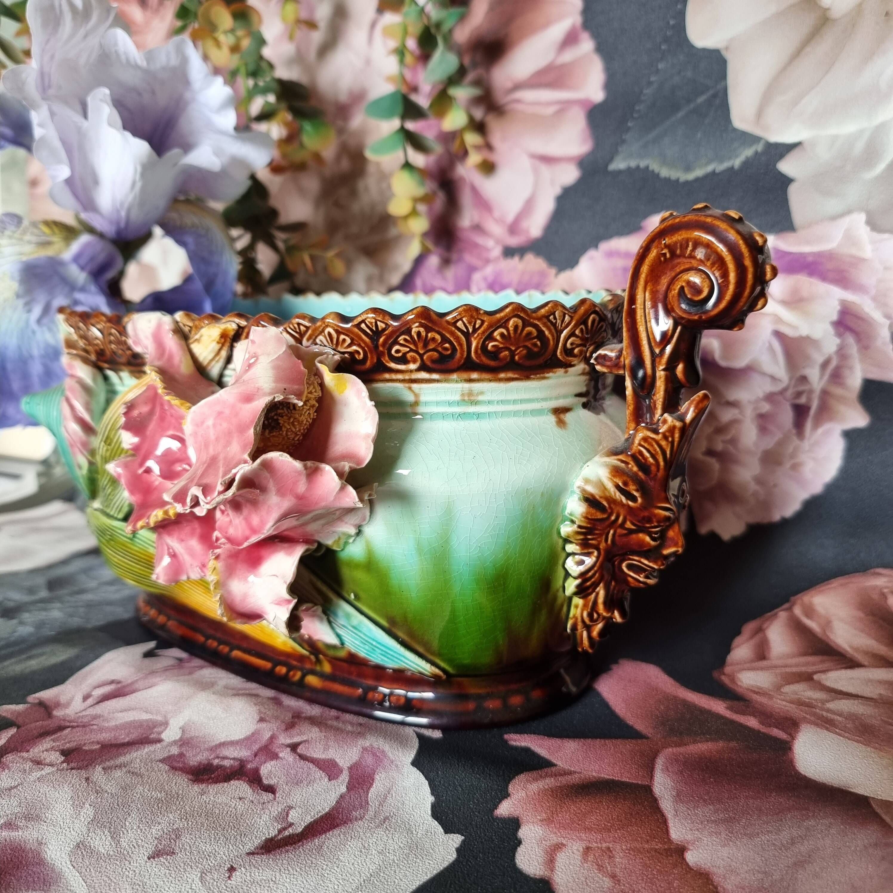 19th century French Art Nouveau planter in barbonite ceramic and m