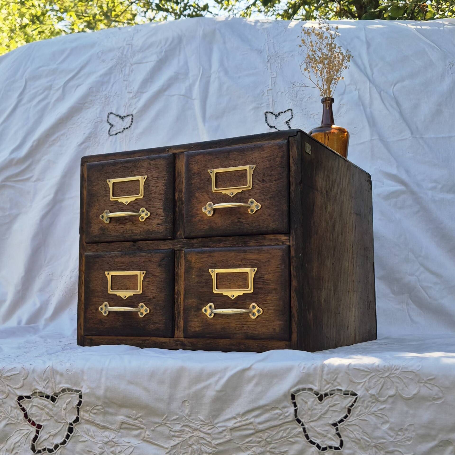 Workshop furniture made of oak and brass.