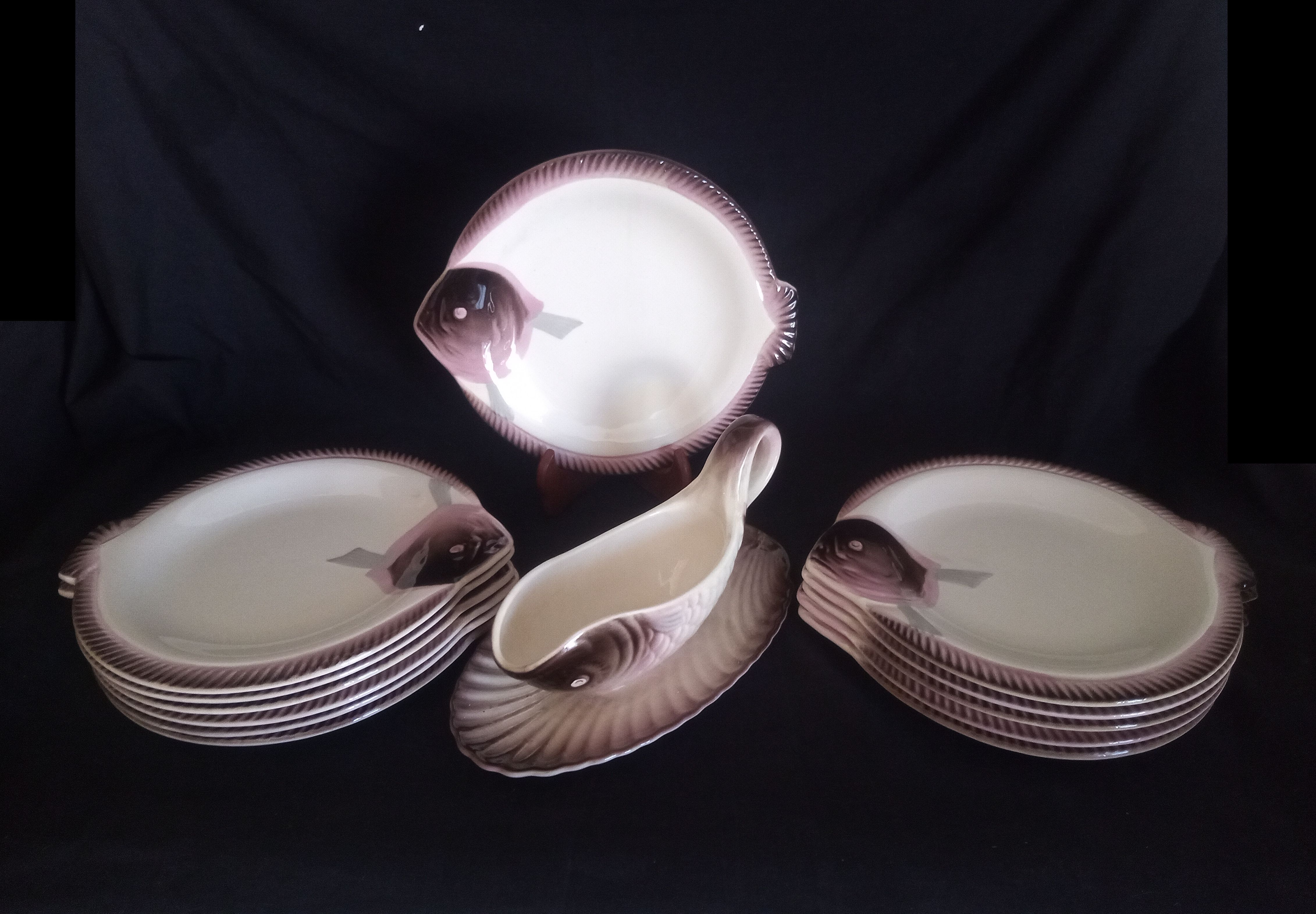 Fish service for 12 people in Longwy ceramic, Copenhagen model, 1960s