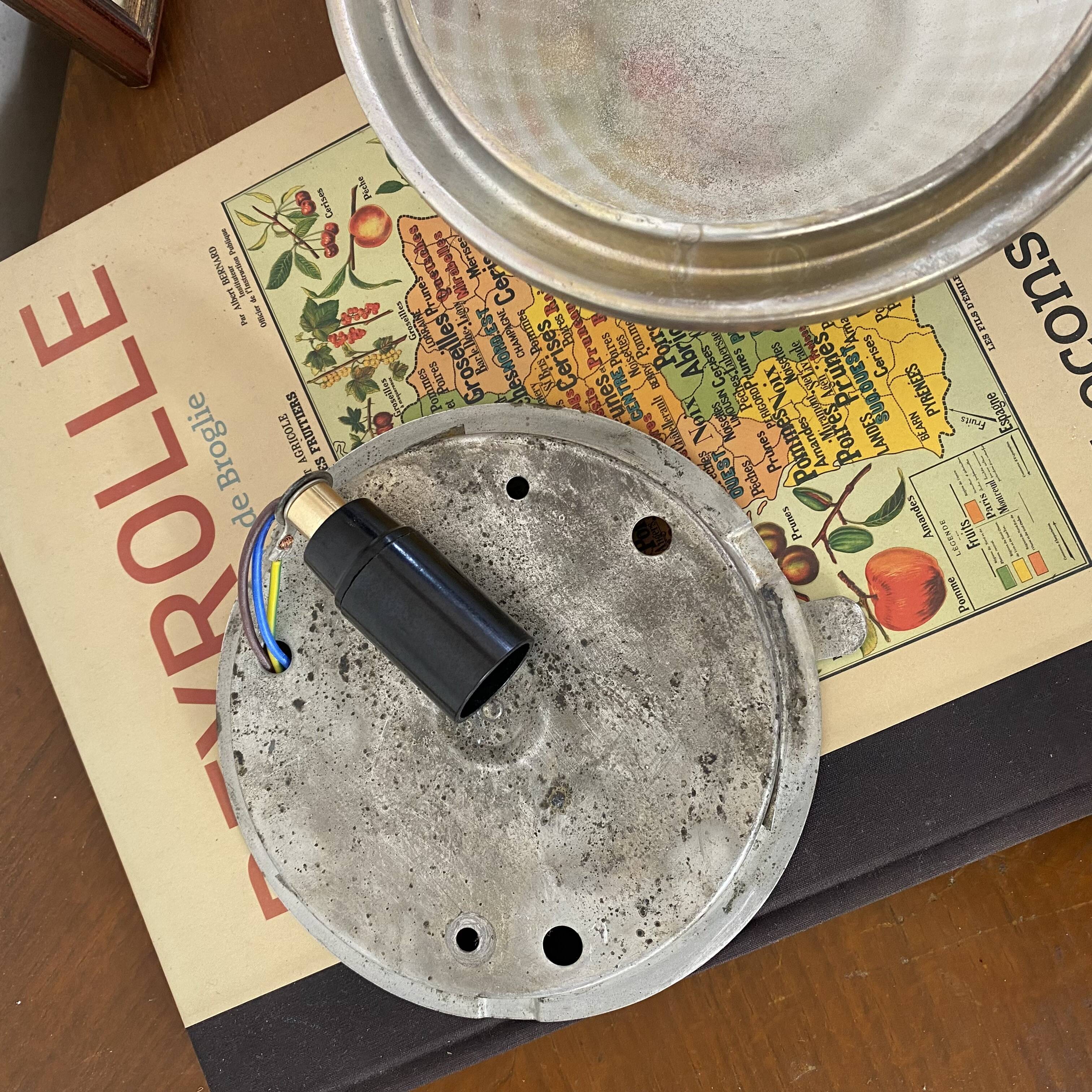 Small round ceiling light fixture in glass and aluminium, vintage design.