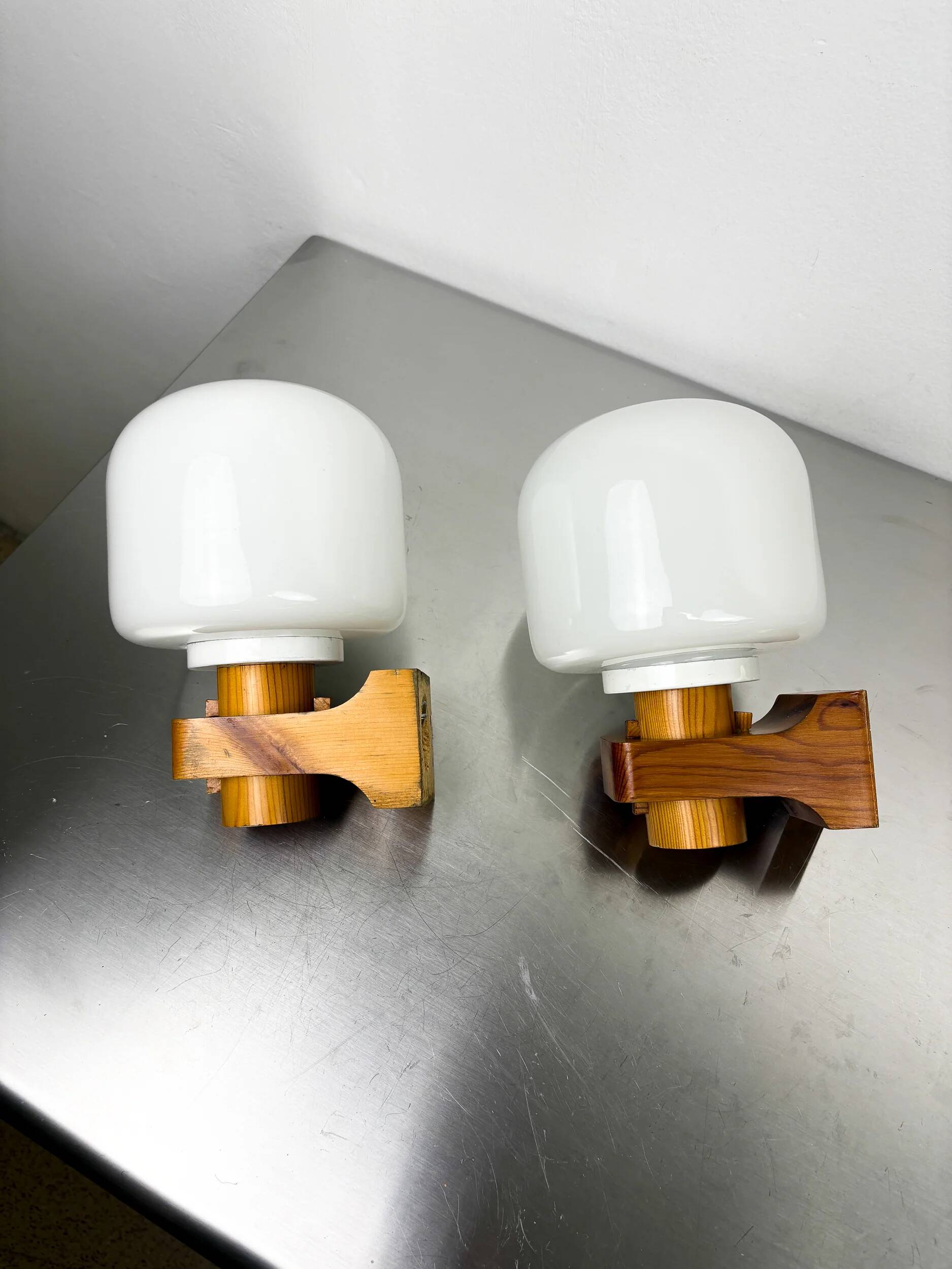 Pair of Nordic pine wood & opaline wall lights – Denmark 1970s