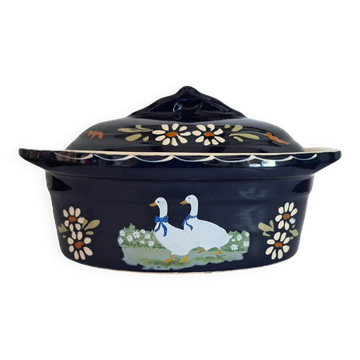 Blue terrine in handcrafted pottery from Alsace, hand-painted.