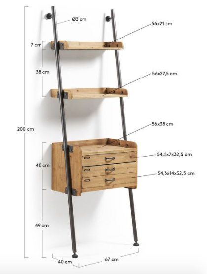 Large shelf drawers wood fir / metal 67 x 200 cm