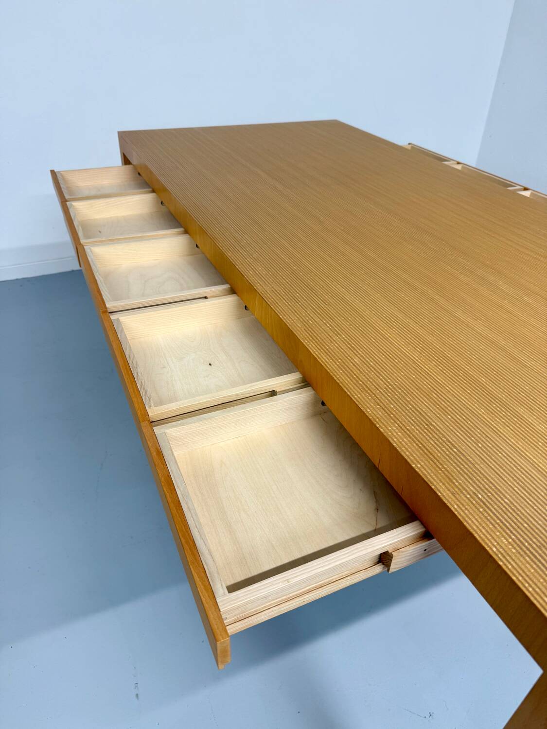 Post-modern striped wood table with drawers, design 80.