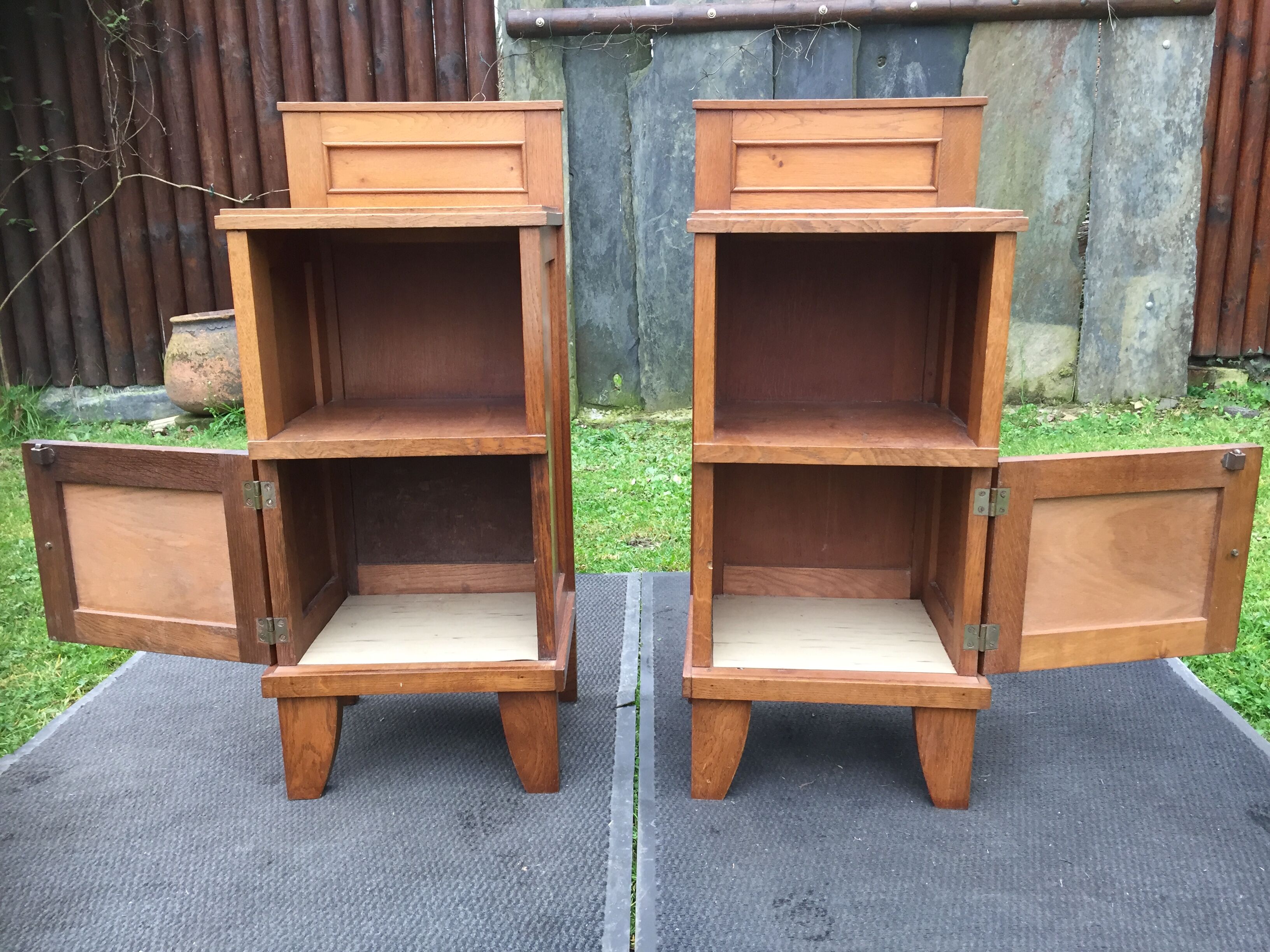 Vintage bedside tables with solid oak compass legs (pair)