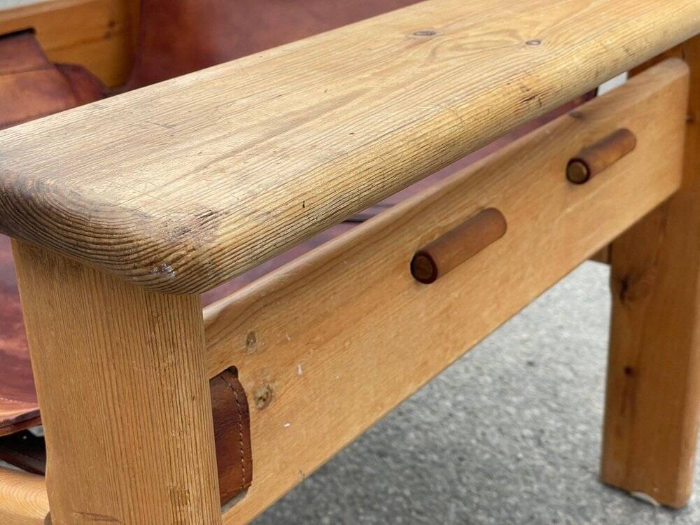 Safari chair in pine and leather, first edition attributed to Karin Mobring, 1970s