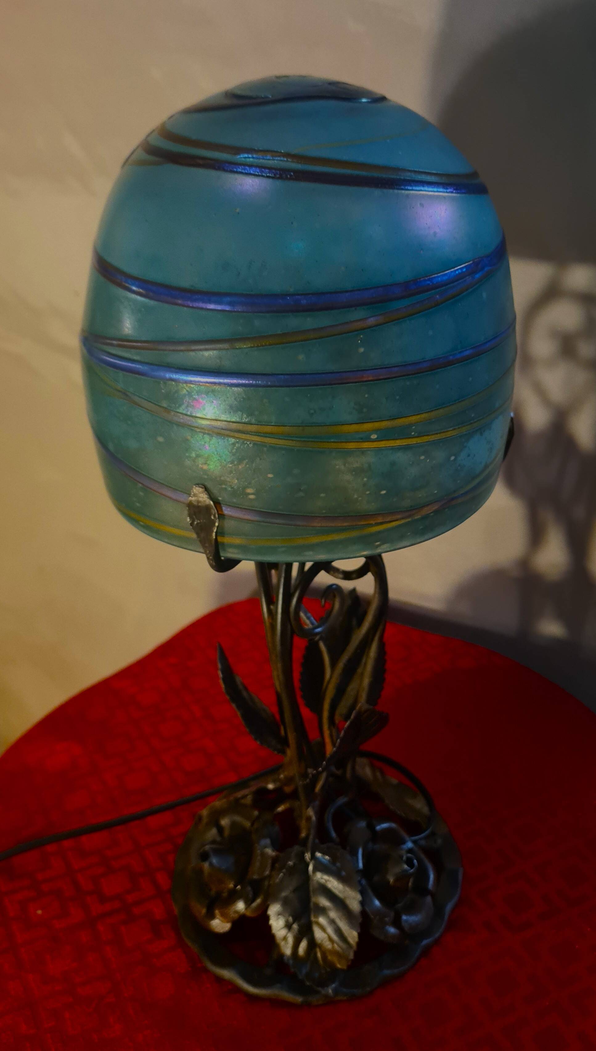 superb thick wrought iron Art Nouveau lamp, Kralik Loetz glass paste,